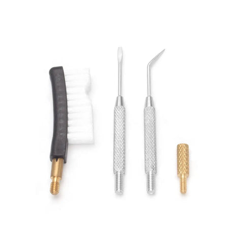 Air Gun Cleaning Kit For.177 And.22 Caliber Pistols And Rifles includes picks, wire brush, and thread adapter close-up