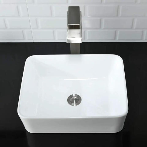 Vessel Sink With Faucet And Drain Combo 16x12 Inch Above Counter Porcelain Ceramic White Vanity Sink Rectangular on black countertop