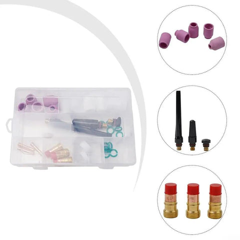 All In One 31 Piece TIG Torch Accessory Kit For WP-17 WP-18 WP-26 With Stubby Gas Lens Size 12 And Glass Cup Set shown in case