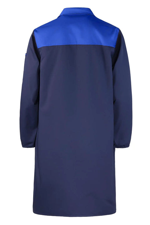 Back view of Men's Lab Coat for Garage DIY Projects Long Sleeve Shop Coat Navy Blue XL Built for Home Workshops with Lightweight Breathable Fabric