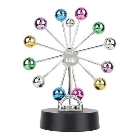 Battery Powered Newton Pendulum Ball Desktop Toy For Science Nerds Newton's Cradle Style Desk Decor Educational Physics Swinging Motion 4 AA Batteries Included, colorful mirrored balls on spokes with black base