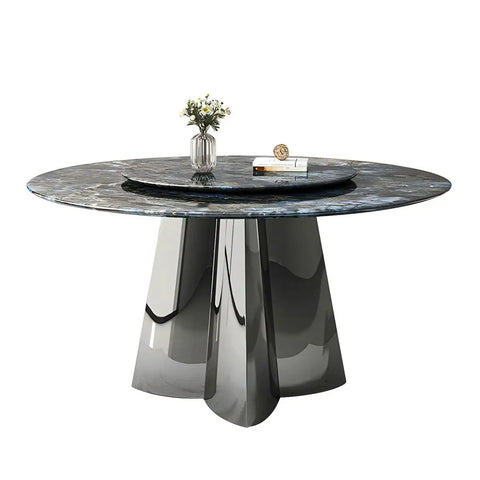 Top Shelf Faux Marble Round Dining Table With Effortless Spin Lazy Susan Turntable Solid Black Metal Pedestal Base For Modern Kitchen Gatherings Accommodates Four Guests Without Extra Chairs, featuring sintered stone top.