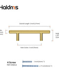 Diagram of 20 Pack Gold Stainless Steel Cabinet Handles, 5 Inch Length, 3 Inch Center-To-Center Holes, with screws and measurements.