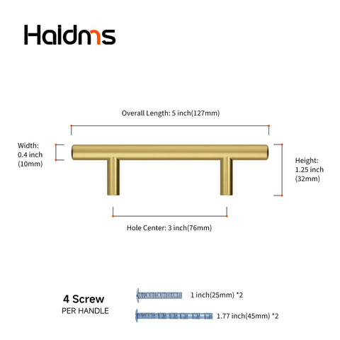 Diagram of 20 Pack Gold Stainless Steel Cabinet Handles, 5 Inch Length, 3 Inch Center-To-Center Holes, with screws and measurements.