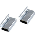 Two polished chrome Six Pack 1.6 Inch Glass Finger Edge Pull Clips for window display cabinets with stainless steel construction.