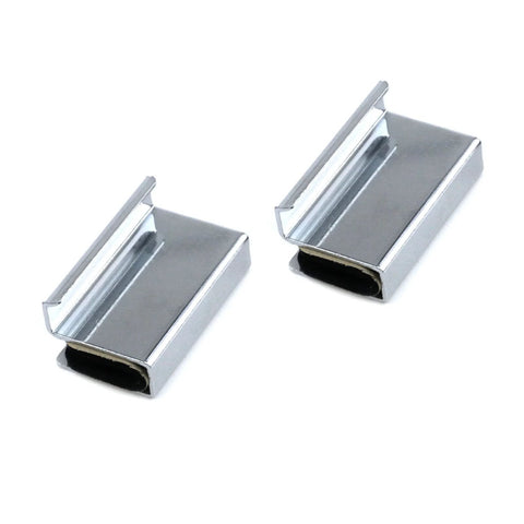 Two polished chrome Six Pack 1.6 Inch Glass Finger Edge Pull Clips for window display cabinets with stainless steel construction.