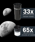 Two eyepieces for Starter Friendly 130mm Newtonian Reflector Telescope With Manual Equatorial Mount showing 33x and 65x moon views.