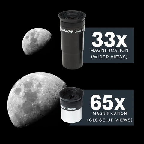 Two eyepieces for Starter Friendly 130mm Newtonian Reflector Telescope With Manual Equatorial Mount showing 33x and 65x moon views.