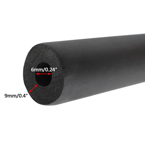 Close-up of Pipe Insulation Tubing One Quarter By Three Eighths Inch, Six Foot Foam Shield for Water Pipes, shown with dimensions in mm.