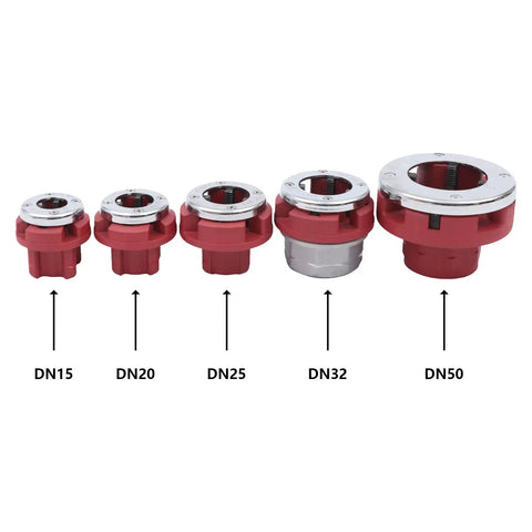 Top Shelf 2300W Electric Pipe Threader Machine Kit With Six Durable Dies showing DN15, DN20, DN25, DN32, DN50 pipe dies