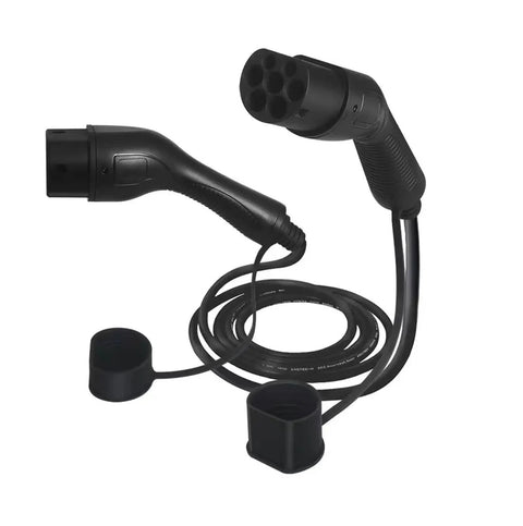 Kickstart Your Roll With This Heavy Duty EV Extension Cord Boasting Dual Head Plugs 16A 32A Fast Charge And Silver Plated Contacts For Serious Juice Delivery Safe Reliable Power Parked At Home Or Cruising Any Highway: Black dual head plug EV charger with connectors and durable cable.