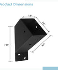 Side view of black heavy-duty steel pergola bracket with product dimensions; 4 Pack Pergola Brackets Heavy Duty Steel For 4x4 or 4x6 Lumber At 45 Degree Includes Screws And Installation Tools Ideal For Backyard Gazebos Gardens And Sheds Built To Last Outdoors.