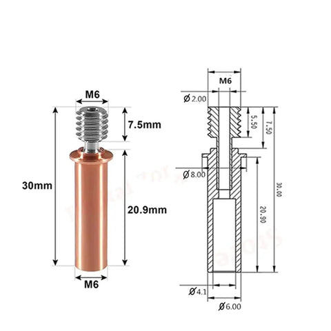 All Metal Bimetal Heat Break Upgrade For 3D Printers Titanium Copper Throat For Fast Heat Transfer Dope Performance Ender 3 V2 Neo Ender 3 Neo CR 6 Max CR 5 Pro And CR10 Series Hotend Component, M6, 30mm