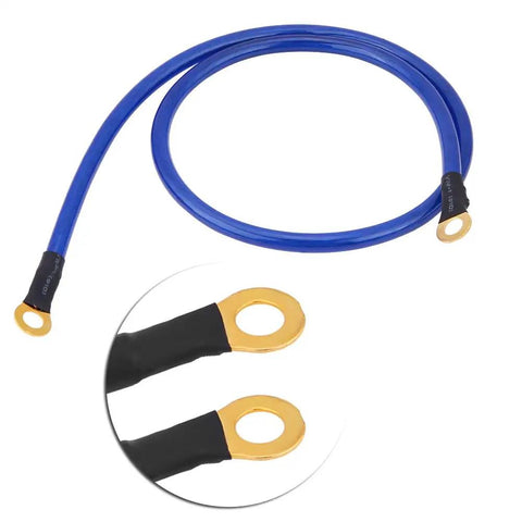 Universal Car Grounding Kit With PVC Ground Wires Set cable close-up, featuring blue PVC cable with gold ring terminals