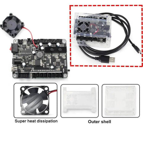 3 Axis Desktop CNC Router Kit For Wood PCB PVC Milling And Engraving With Offline Controller No Computer Needed GRBL Control USB Interface Mini DIY Engraver Machine For Beginners components including circuit board, fan, and USB cable displayed