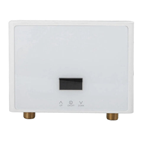 Compact Tankless Electric Water Heater With Remote Control For Instant Straight Up Hot Water At 3000 Watts No Preheating Needed, front view.