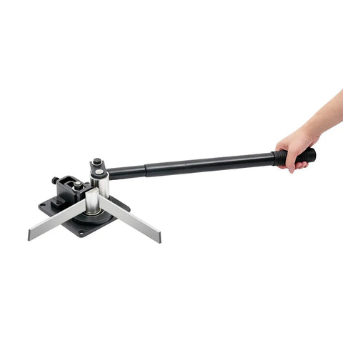 Manual Flat Bar Bender Pro Grade With 7 Bearings in use, showing handle and adjustable metal arms