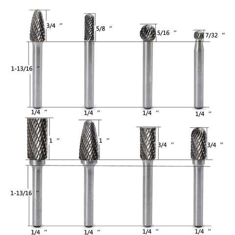 Carbide burr set, 8 pcs, 1/4 in shank, double-cut grinding/polishing bits for die grinder