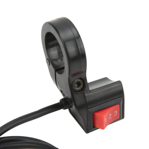 3 Speed Handlebar Switch For Motorcycle E Bike Or Scooter 22mm 7/8 Inch Electric Module With High Sensitivity Three Gear Control Durable Metal And Plastic Build Easy Install And Ride Ready, showing red numerical switch and black clamp attachment.