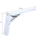 Two Pack Heavy Duty Steel Folding Shelf Brackets Wall Mounted White With Spring Loaded Design showing dimensions 13.1cm x 29.1cm