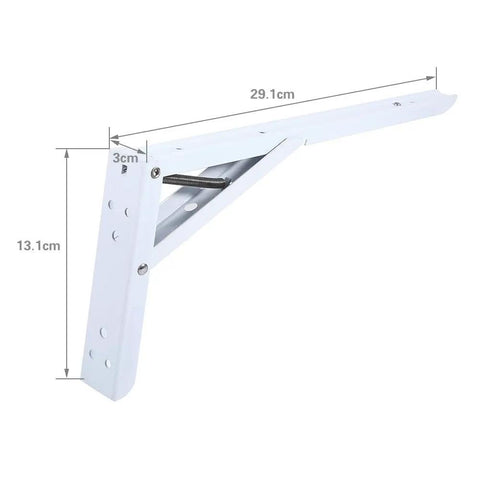 Two Pack Heavy Duty Steel Folding Shelf Brackets Wall Mounted White With Spring Loaded Design showing dimensions 13.1cm x 29.1cm