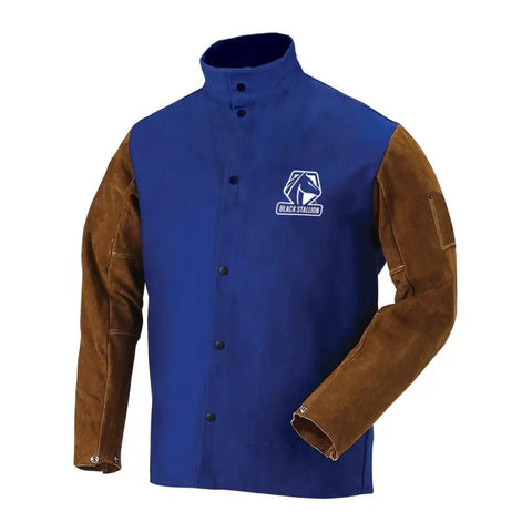 Built Tough 30 Inch Flame Resistant Hybrid Welding Jacket With Split Cowhide Sleeves And Cotton Body Standup Welder Collar Dual Scribe Pockets 2XL Size Royal Blue And Brown