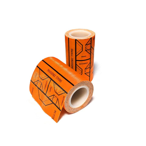 Orange duct tape rolls with black markings; compact medical adhesive tape, front view.