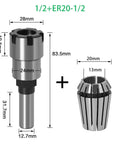 Solid High Carbon Steel Shank Rod Extension For ER Router Bits Engraving Milling Machine 8mm 1/4 And 1/2 Inch Collet Adapter Kit displayed with measurements.
