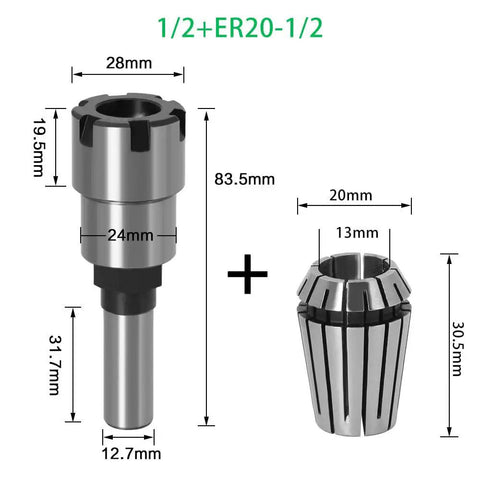 Solid High Carbon Steel Shank Rod Extension For ER Router Bits Engraving Milling Machine 8mm 1/4 And 1/2 Inch Collet Adapter Kit displayed with measurements.