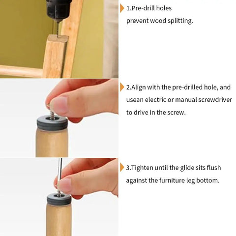 Installation guide showing steps for Heavy Duty Screw On Furniture Glides Built Damn Tough Slide Like Butter PTFE Teflon.