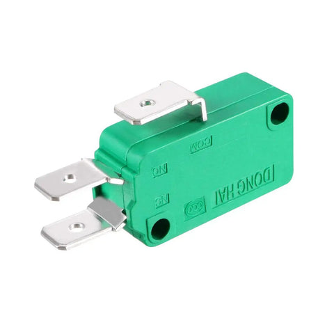 2 Pack Heavy Duty SPDT NO NC Push Button Switch 16A 125/250VAC Micro Limit Switches, green housing, side view with 3 pins
