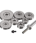 Seven Piece Top Mounted Bearing Replacement Kit For Rabbeting Router Bits With Ball Bearing Guides arranged on a white surface