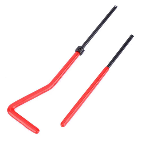 Red plastic wrench and black hex wrench from 30 Piece Thread Repair Kit With Stainless Steel Twisted Drill, Tap, Wrench, Tang Breaker, Hex Wrench, And M4x0.7 Threaded Inserts For Aluminum Auto Parts And Heavy Duty Repairs.
