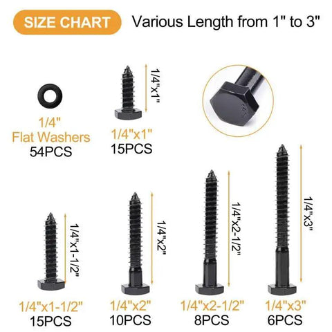 Size chart of Workhorse Heavy Duty Hex Lag Bolts Set Stainless Steel 304 Black Oxide Coated 108 Piece Kit with washers