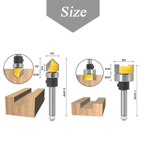 Size details of Six Piece Template Router Bit Set With Bearing for woodworking showing V Groove and Flush Trim bits on wood block.