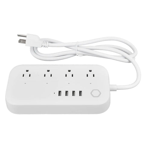 Smart Power Strip With Surge Protection Four Heavy Duty Outlets And Fast Usb Charging Ports For Home Office Tech, white design.