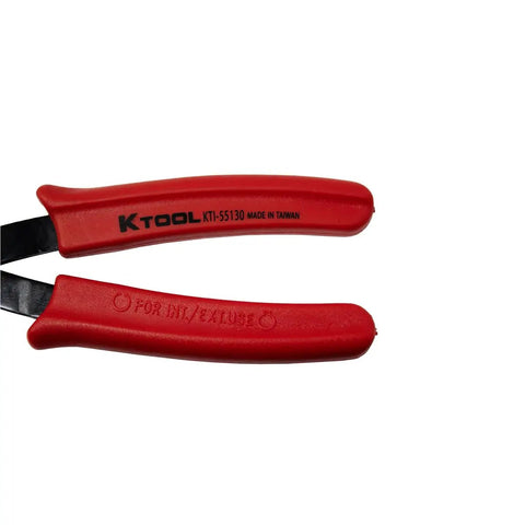Close-up of Heavy Duty Snap Ring Pliers With 45 Degree Tip 0.038 Inch, red rubber-dipped handles for grip and comfort.