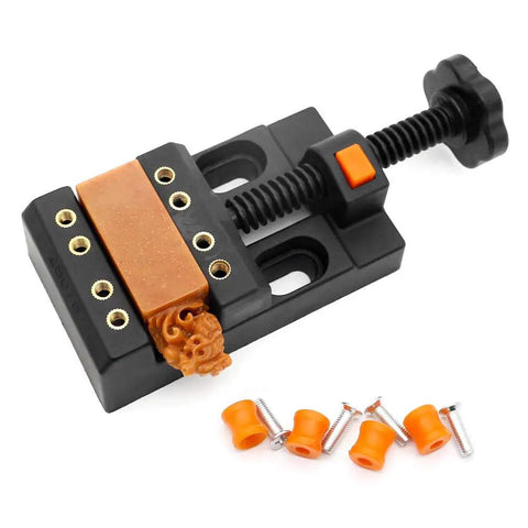 Pro Grade Pin Vise Hand Drill Kit Featuring 30 High Speed Steel Twist Bits And A Solid Mini Carving Clamp with intricate design and screws.
