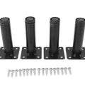 Four Pack Adjustable Iron Furniture Legs In Black Lacquer Finish With Rust Proof Coating and screws, shown on flat surface.