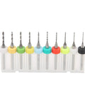 Mini Twist Drill Bits Set In Tungsten Steel For PCB Repair And Engraving displayed in a plastic holder, various colors for depth control.