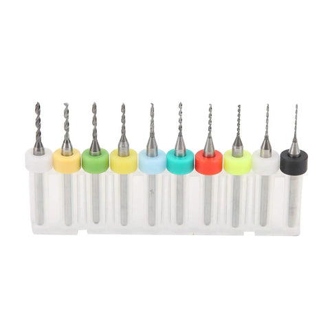 Mini Twist Drill Bits Set In Tungsten Steel For PCB Repair And Engraving displayed in a plastic holder, various colors for depth control.
