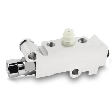 Universal Disc Drum Brake Proportioning Valve With Smooth Stopping Power For Heavy Duty Rides, white metal valve with hydraulic ports.