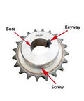 Heavy Duty 06B Drive Sprocket In Solid Steel For 10-25 Teeth And 10-32mm Bore Shaft With Keyway showing screw, bore, and keyway details.