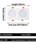 Top Shelf Double Head Square LED Downlights 14W Dimmable Recessed Ceiling Lights with dual round lights and black frame.