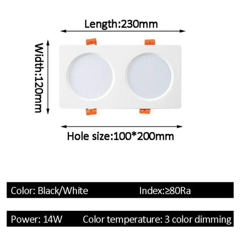 Top Shelf Double Head Square LED Downlights 14W Dimmable Recessed Ceiling Lights with dual round lights and black frame.