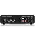 Back view of 2 By 4 USB Audio Interface With Midas Mic Preamps, 24 Bit 192 kHz, MIDI In Out showing connectors and ports.