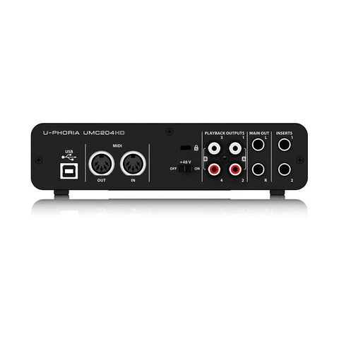 Back view of 2 By 4 USB Audio Interface With Midas Mic Preamps, 24 Bit 192 kHz, MIDI In Out showing connectors and ports.