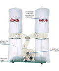Heavy Duty 3 HP Dust Collector With Kickin Aluminum Impeller Generates 2300 CFM Shop Airflow Single Phase Workhorse Vacuum Beating Woodshop Sawdust Like A Champ with dual 2.5 micron bags.