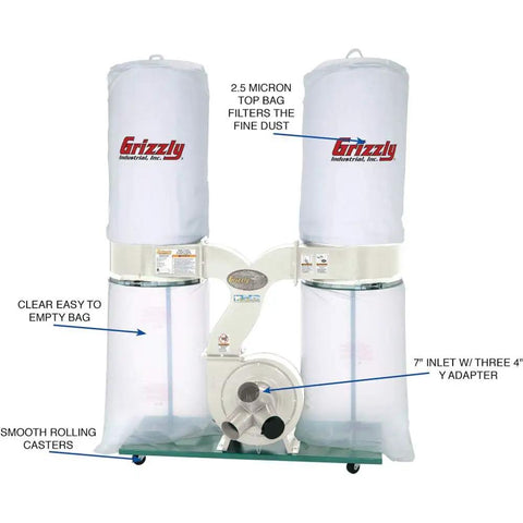 Heavy Duty 3 HP Dust Collector With Kickin Aluminum Impeller Generates 2300 CFM Shop Airflow Single Phase Workhorse Vacuum Beating Woodshop Sawdust Like A Champ with dual 2.5 micron bags.