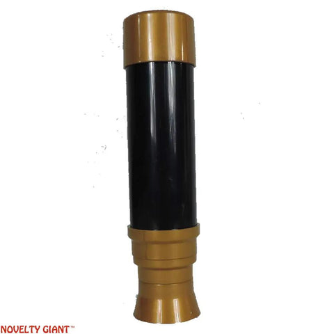Black And Gold Collapsible Telescope Costume Prop For Theater And Cosplay, Extends From 7 Inch Closed To 12.5 Inch Open, Plastic Build With Realistic Pirate Style Look For Dress Up, Stage Performances, And Costumes For Teens 14 And Up. Closed black plastic pirate telescope prop with gold trim.